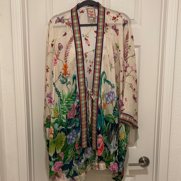 Johnny Was Cream Floral Silk Kimono Cape with Green & Pink Accents - Picture 2 of 11